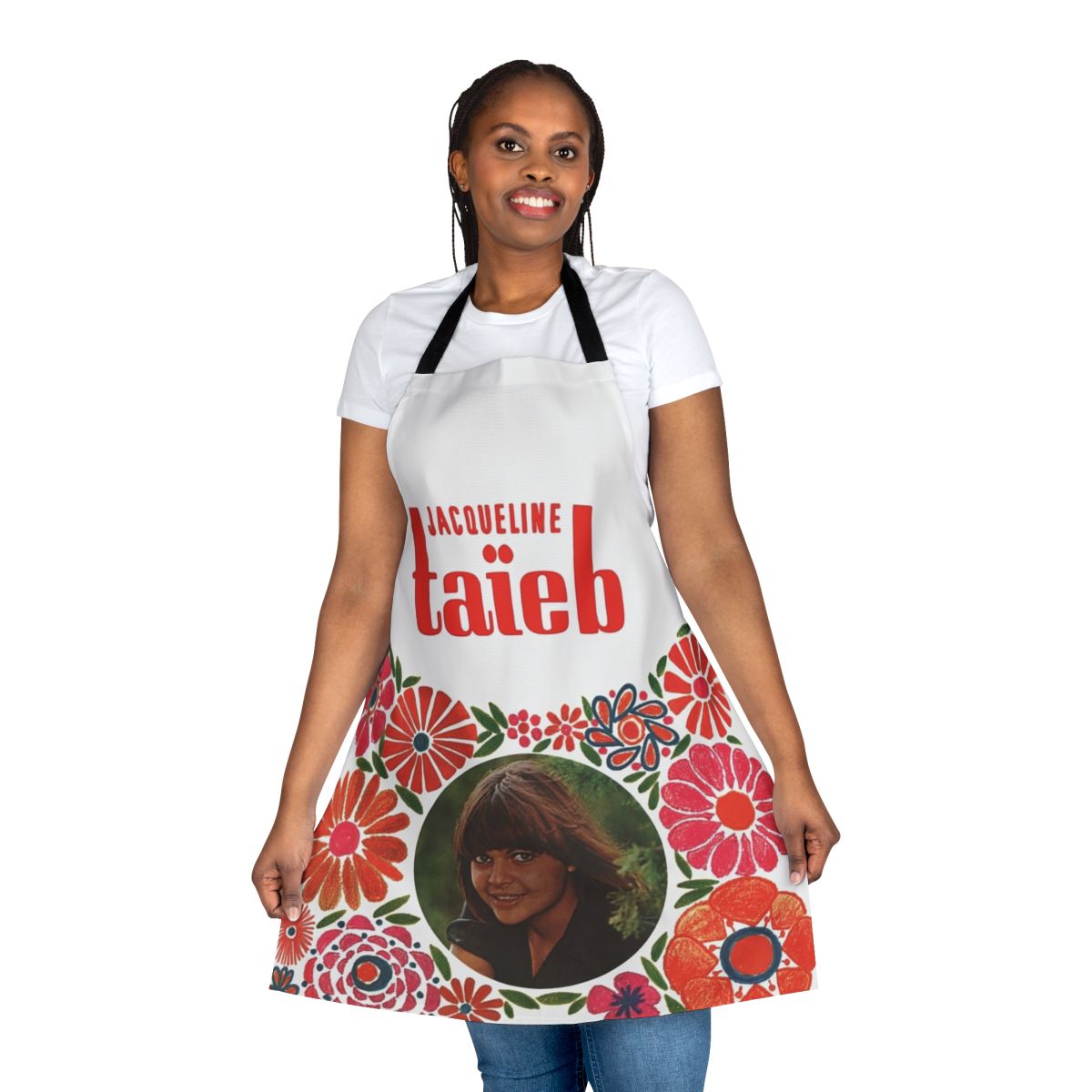 Retro floral collage apron with psychedelic design inspired by 1960s French pop artist Jacqueline Taieb