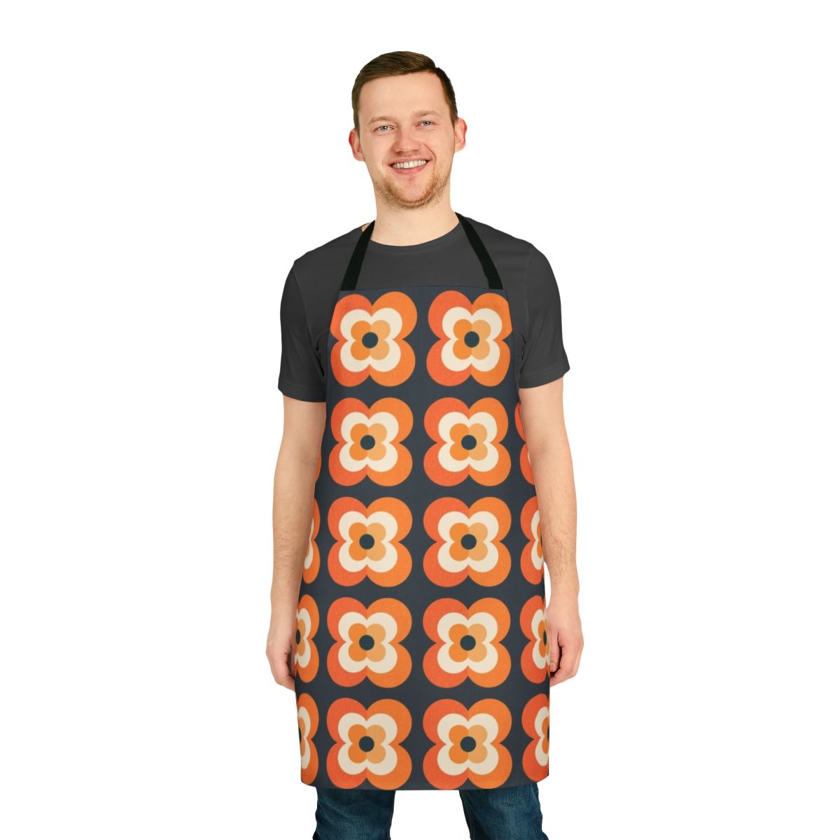 Retro floral pattern orange and charcoal black apron