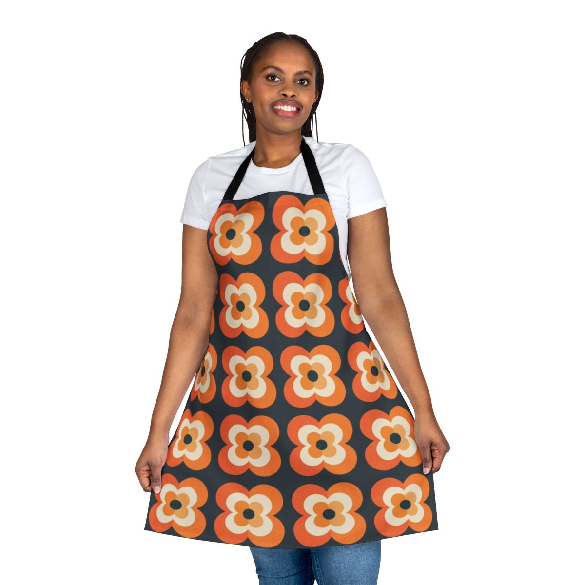 Retro floral pattern orange and charcoal black apron