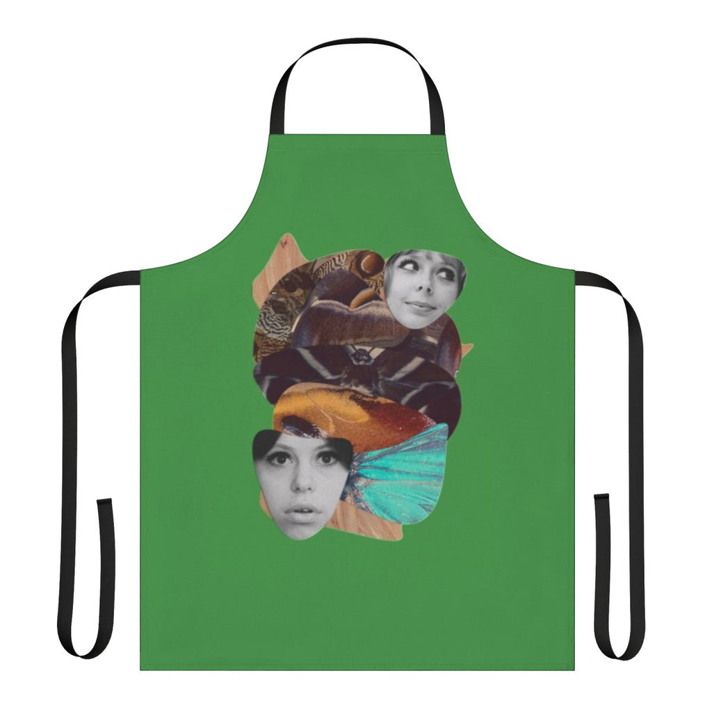 A vintage-style apron featuring a collage of daisies, butterflies, and other floral elements, inspired by the experimental Czech film "Sedmikrasky".