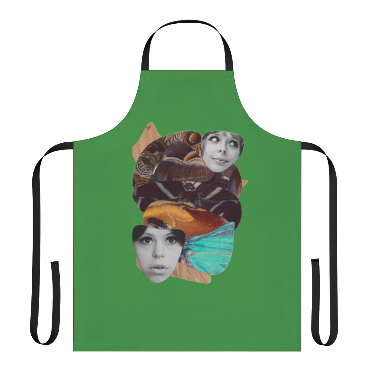 A vintage-style apron featuring a collage of daisies, butterflies, and other floral elements, inspired by the experimental Czech film "Sedmikrasky".