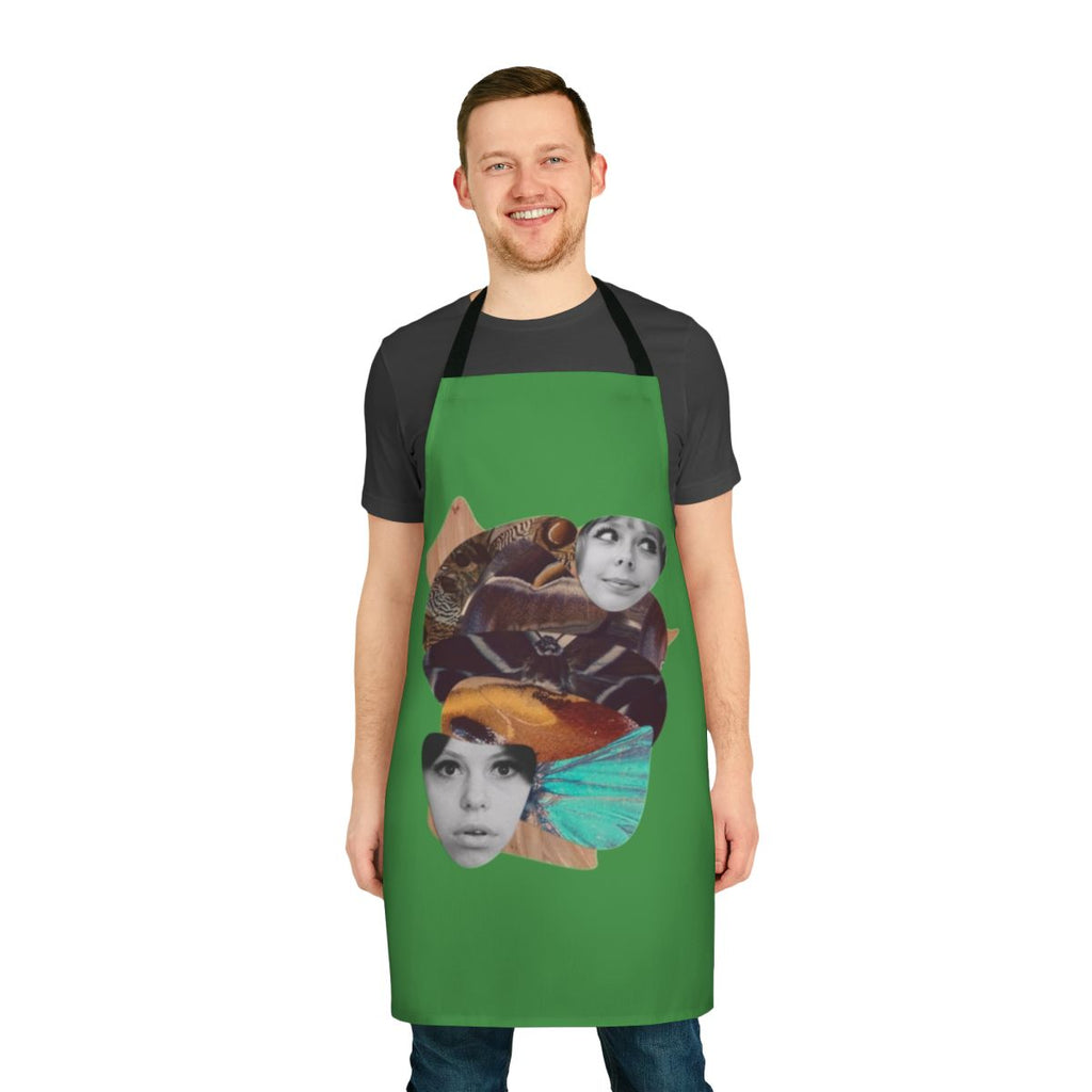 A vintage-style apron featuring a collage of daisies, butterflies, and other floral elements, inspired by the experimental Czech film "Sedmikrasky".