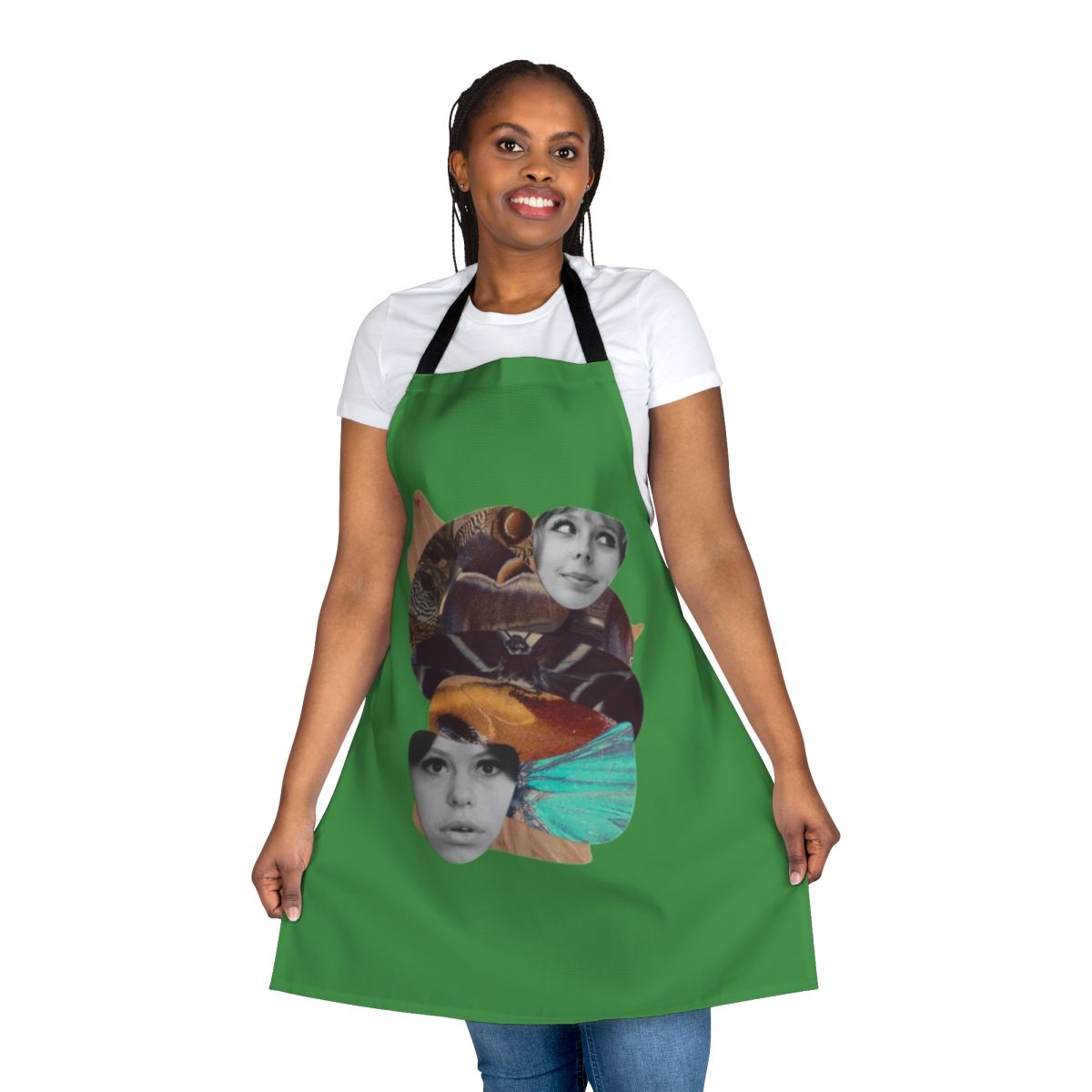 A vintage-style apron featuring a collage of daisies, butterflies, and other floral elements, inspired by the experimental Czech film "Sedmikrasky".