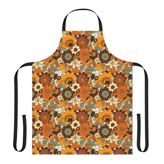 Vibrant retro flower power floral pattern on an apron