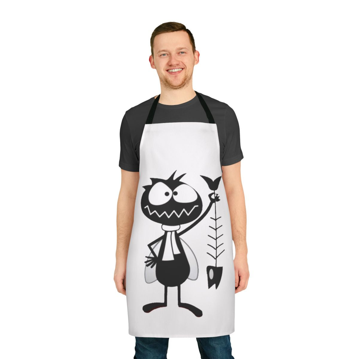 Vintage-style apron featuring a cartoon fly character, inspired by classic 1960s television commercials.