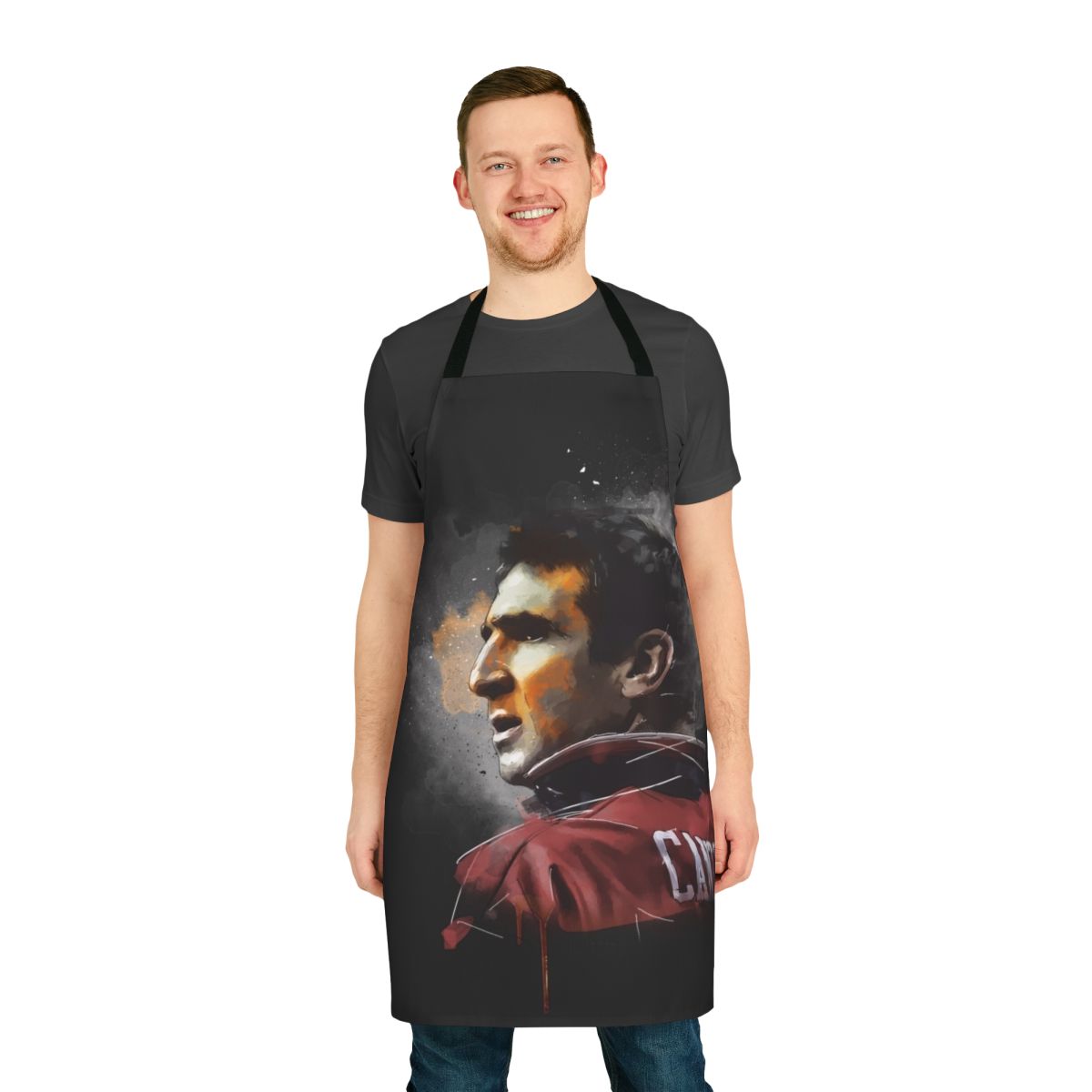 Painting of iconic Manchester United player Eric Cantona on an apron