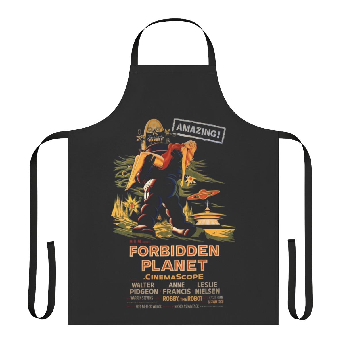 Apron featuring a retro-style poster design for the classic science fiction film Forbidden Planet