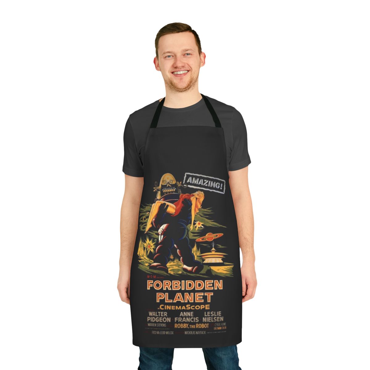 Apron featuring a retro-style poster design for the classic science fiction film Forbidden Planet