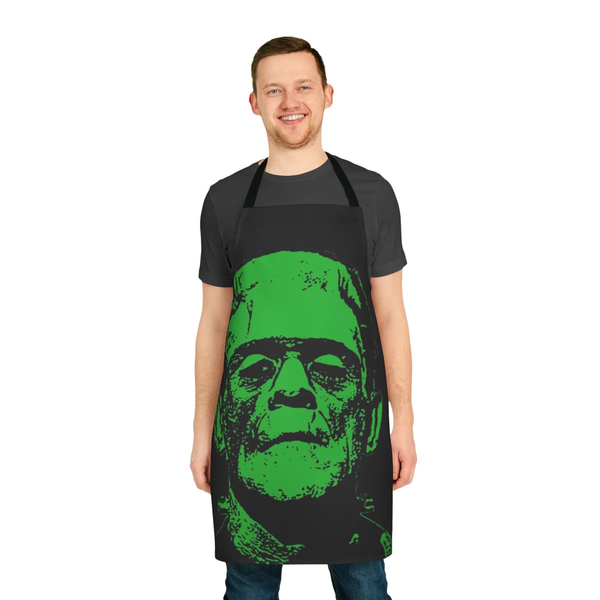 Vintage-inspired Frankenstein apron with green monster design