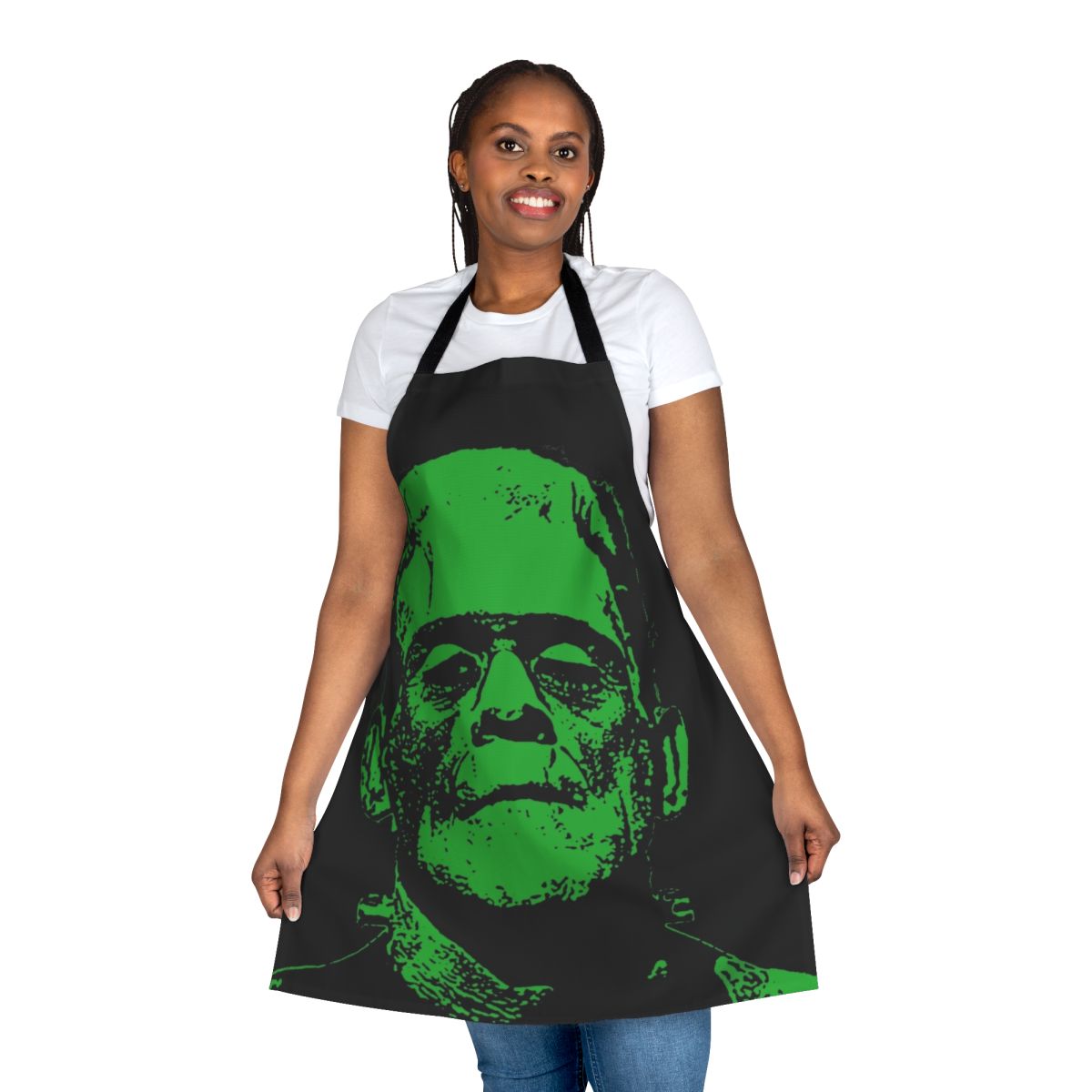 Vintage-inspired Frankenstein apron with green monster design