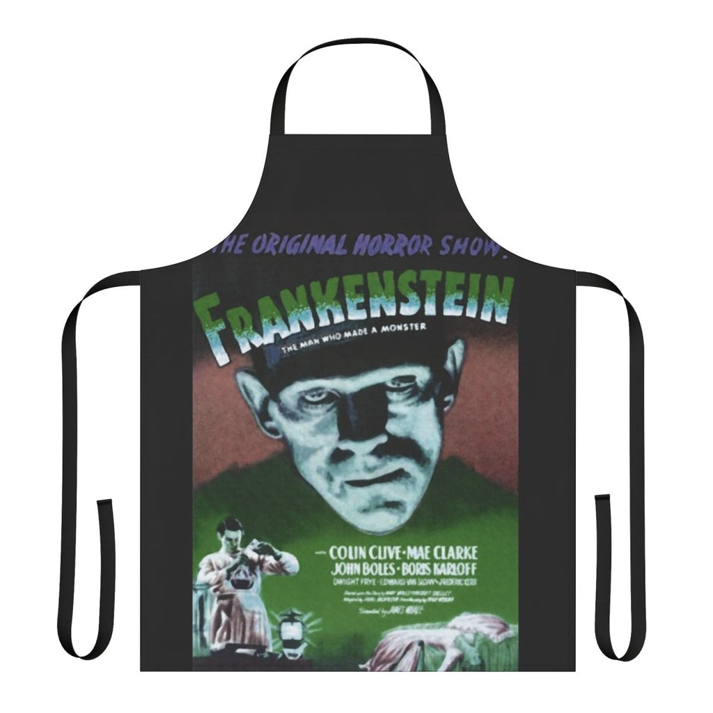 Frankenstein monster movie poster printed on a green kitchen apron