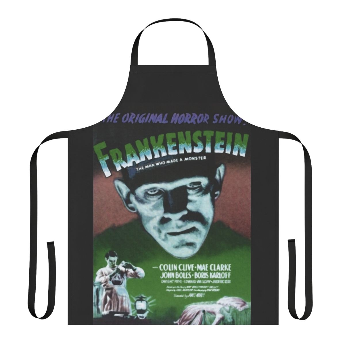 Frankenstein monster movie poster printed on a green kitchen apron