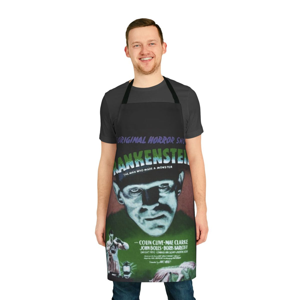 Frankenstein monster movie poster printed on a green kitchen apron