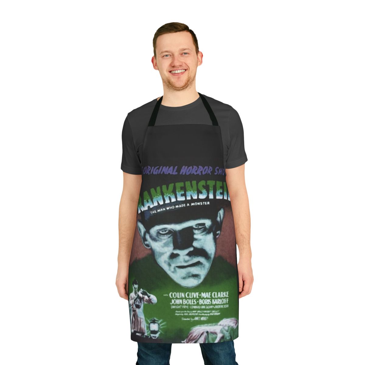 Frankenstein monster movie poster printed on a green kitchen apron