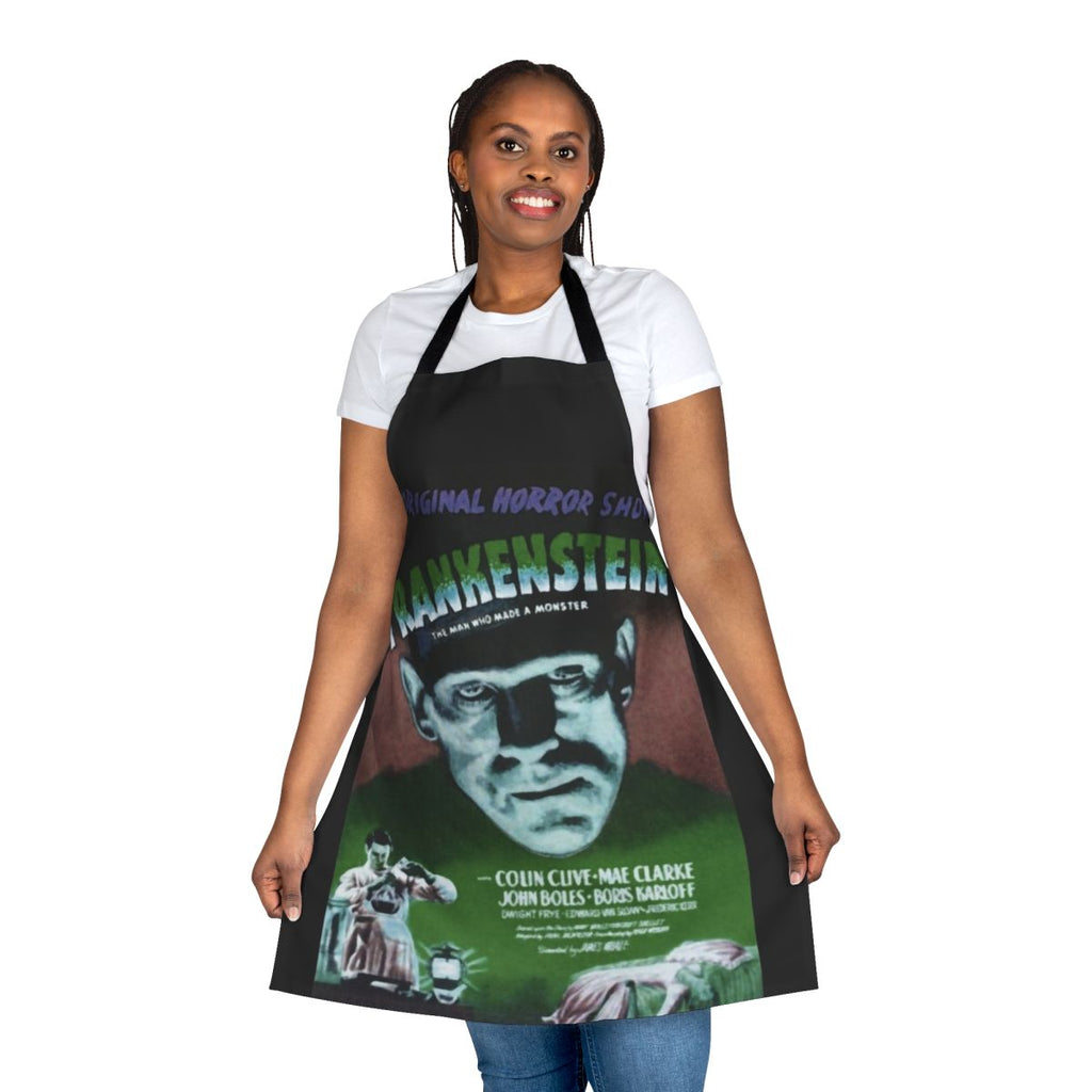 Frankenstein monster movie poster printed on a green kitchen apron