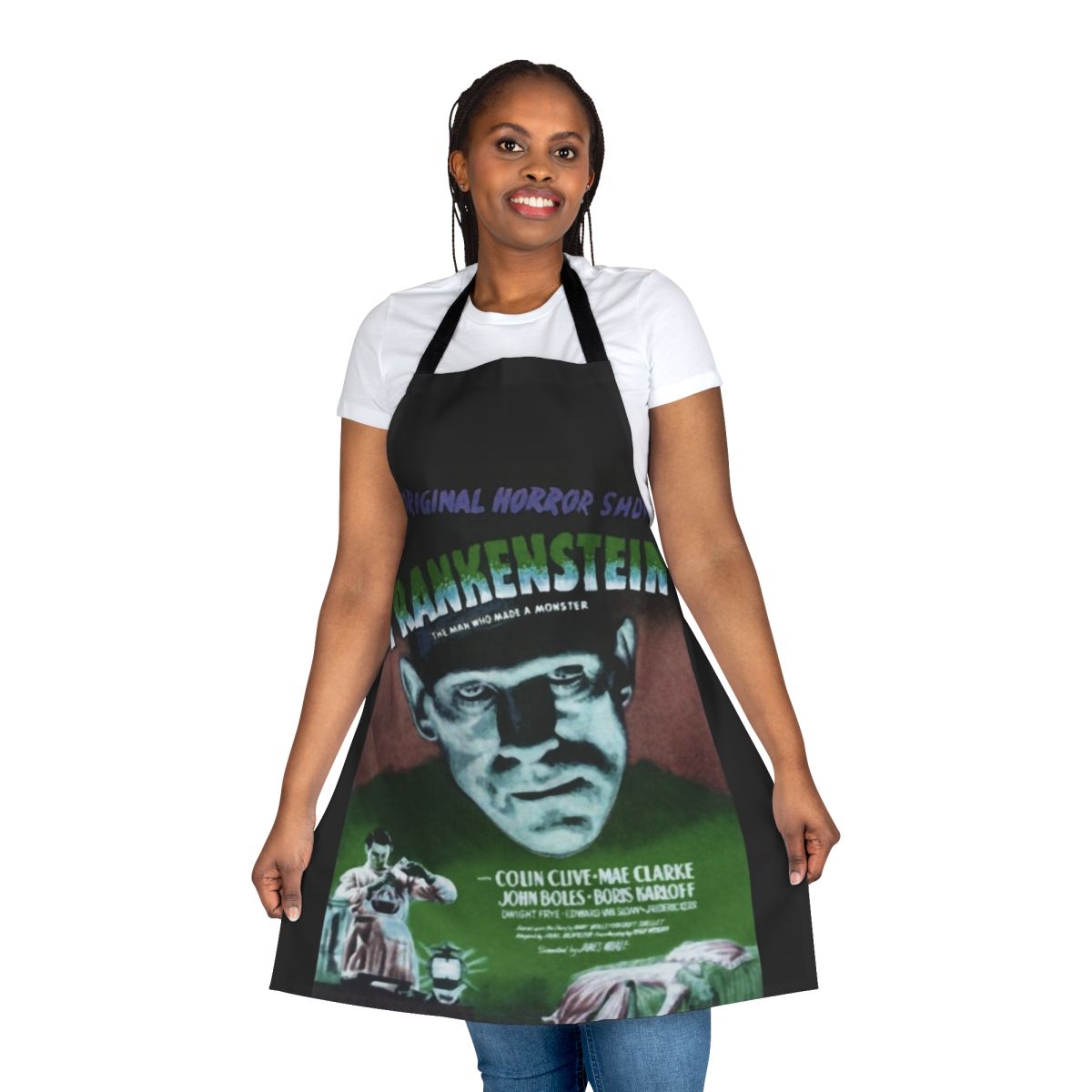 Frankenstein monster movie poster printed on a green kitchen apron