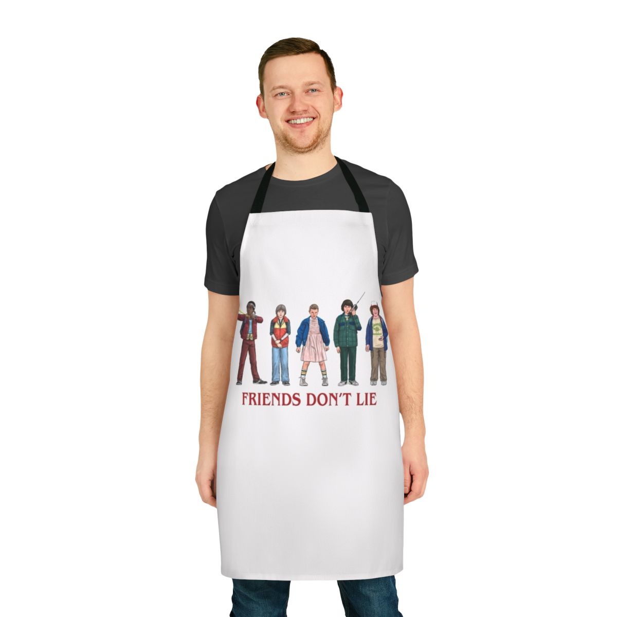 Retro-style apron with "Friends Don't Lie" design, inspired by the hit TV series Stranger Things