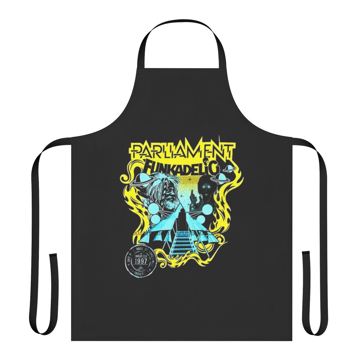 Retro-style apron featuring Funkadelic band-inspired design