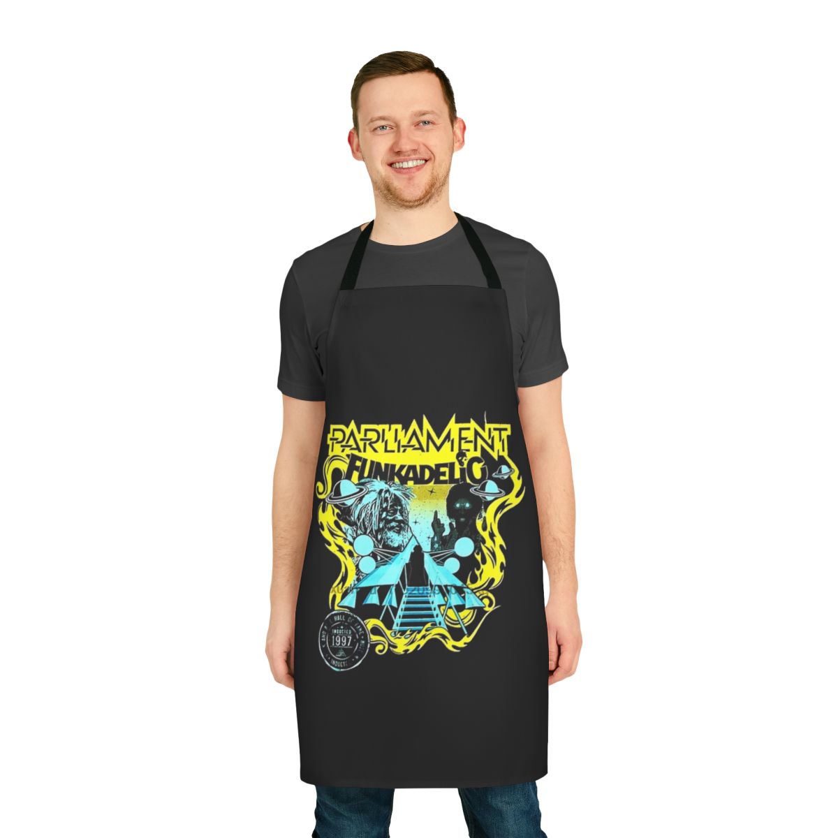 Retro-style apron featuring Funkadelic band-inspired design