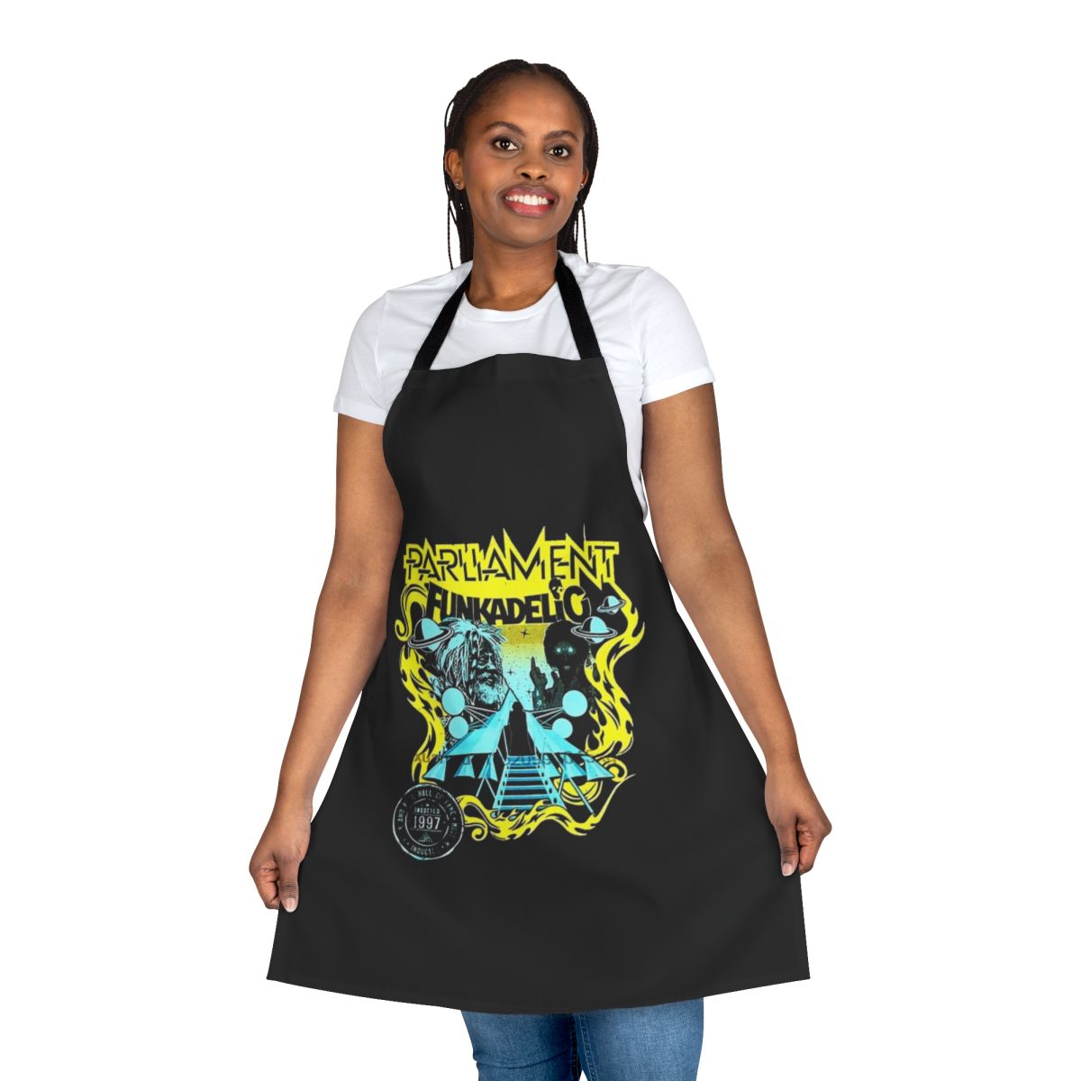 Retro-style apron featuring Funkadelic band-inspired design