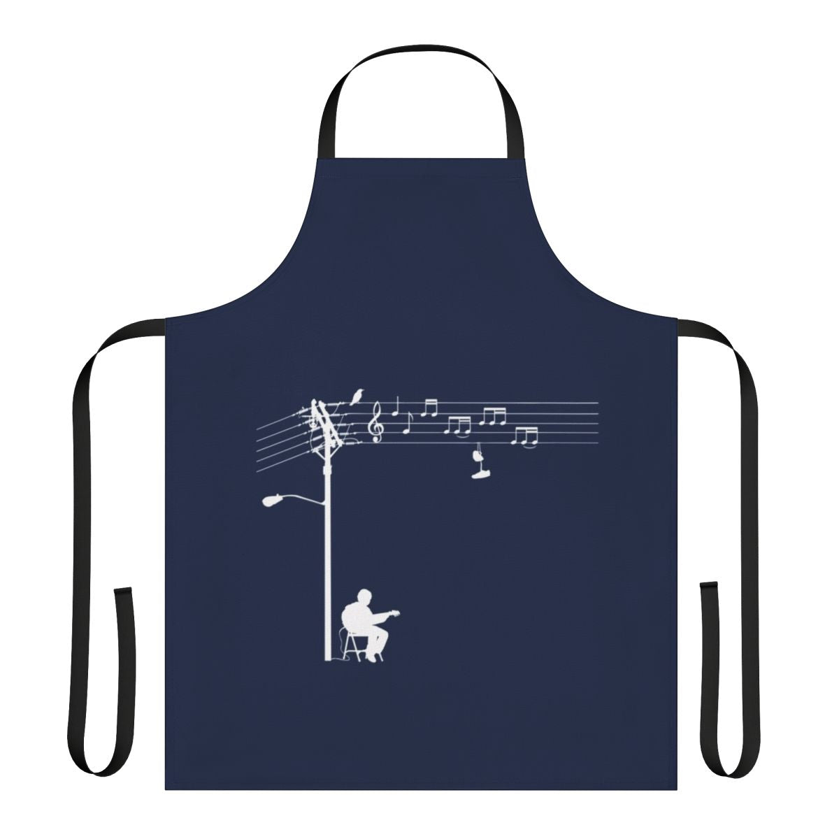 A white apron with a retro, funky design featuring musical elements like wires, sheet music, and a treble clef.