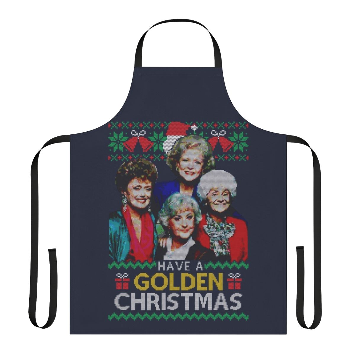 Golden Christmas-themed apron with a retro, humorous design