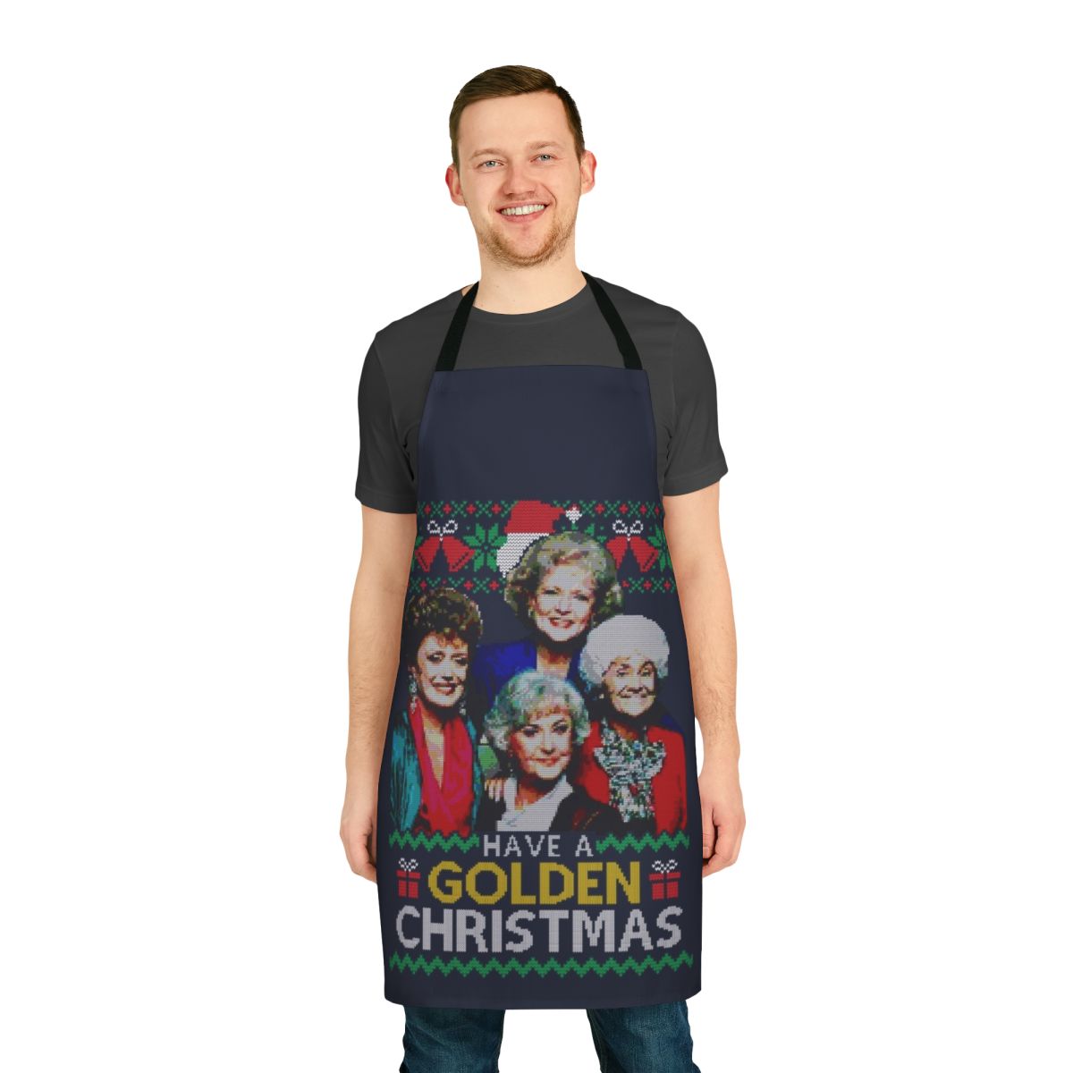 Golden Christmas-themed apron with a retro, humorous design