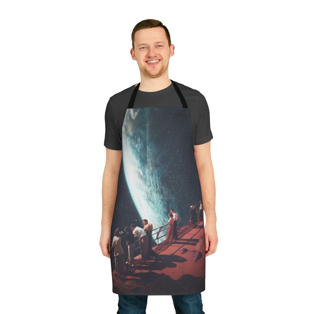 A high-quality apron featuring a surreal collage design with retro-futuristic, cosmic elements and a nostalgic, vintage-inspired aesthetic.
