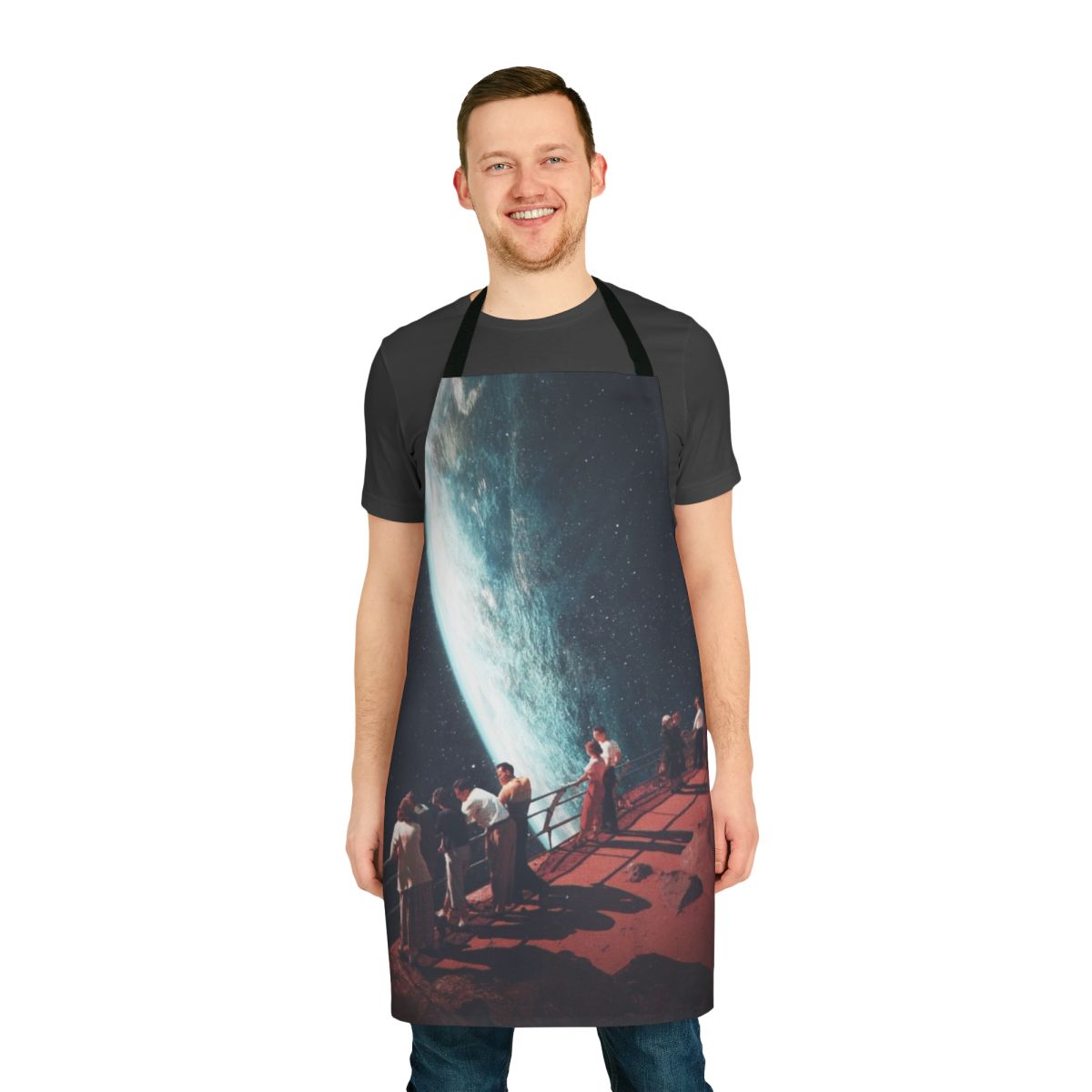A high-quality apron featuring a surreal collage design with retro-futuristic, cosmic elements and a nostalgic, vintage-inspired aesthetic.