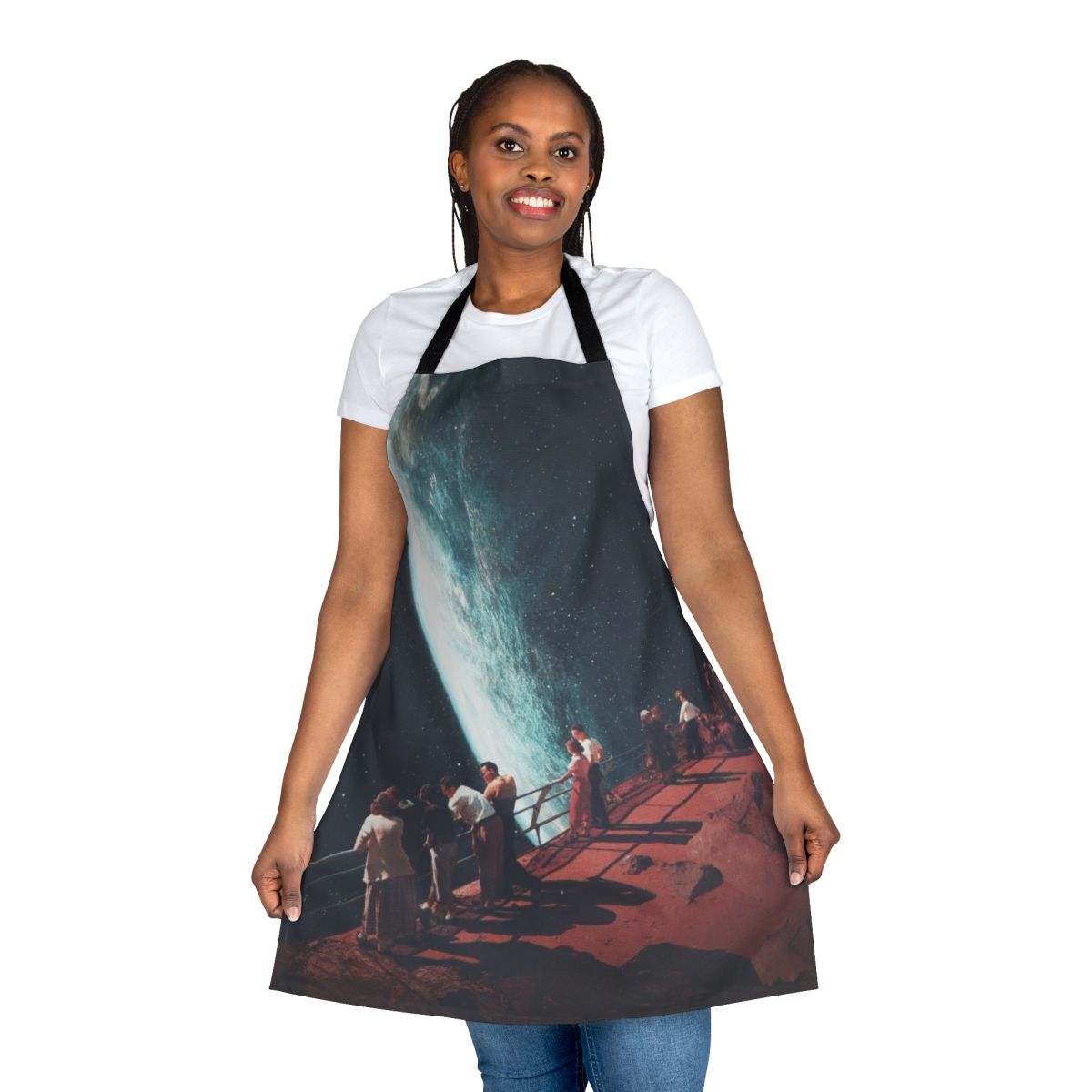 A high-quality apron featuring a surreal collage design with retro-futuristic, cosmic elements and a nostalgic, vintage-inspired aesthetic.