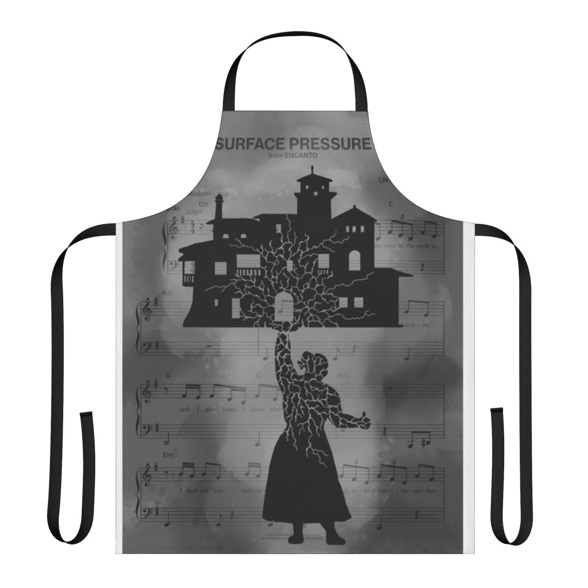Vintage-inspired apron featuring a surreal digital collage of a retro-futuristic landscape with a floating spaceship, mountains, and a vibrant sky.