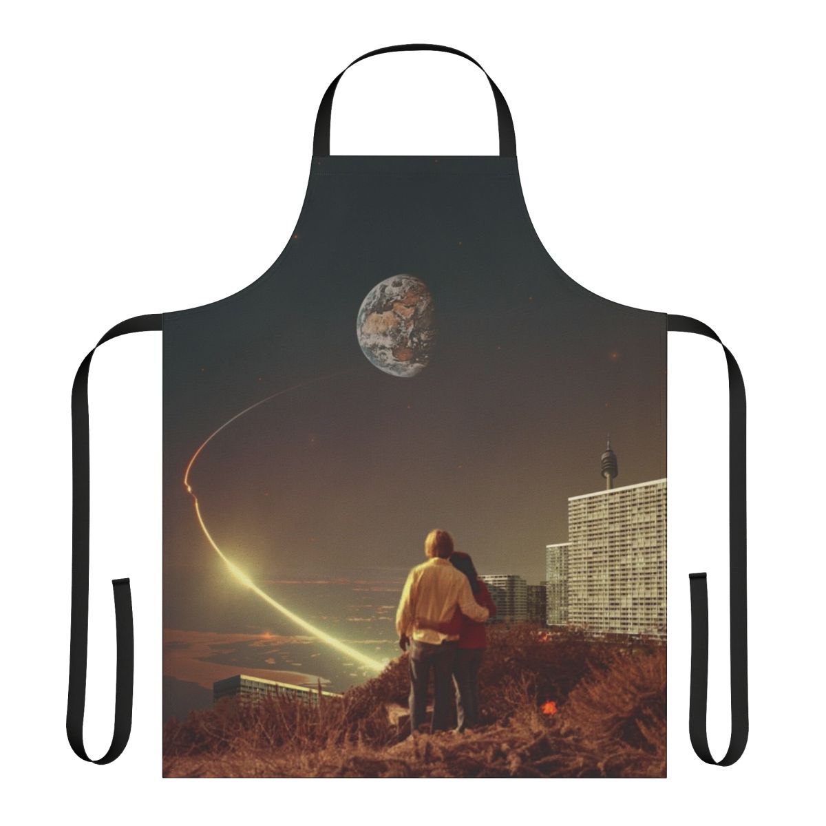 Retro futuristic collage design featuring a vintage couple in an urban, sci-fi inspired landscape on an apron.