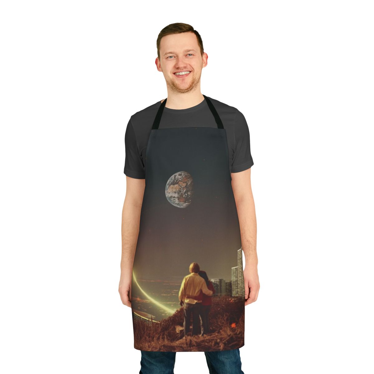 Retro futuristic collage design featuring a vintage couple in an urban, sci-fi inspired landscape on an apron.