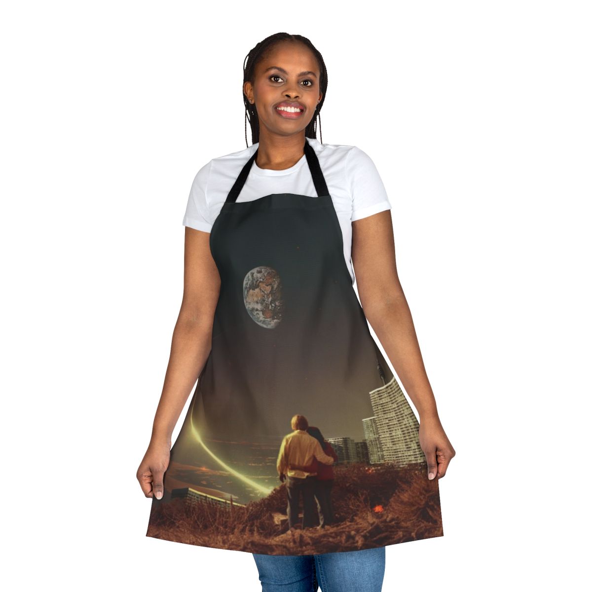 Retro futuristic collage design featuring a vintage couple in an urban, sci-fi inspired landscape on an apron.