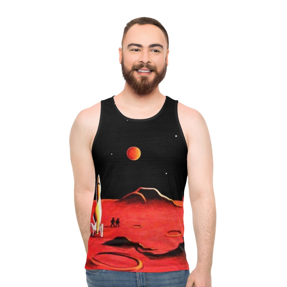 Unisex tank top with a retro-futuristic Martian city design