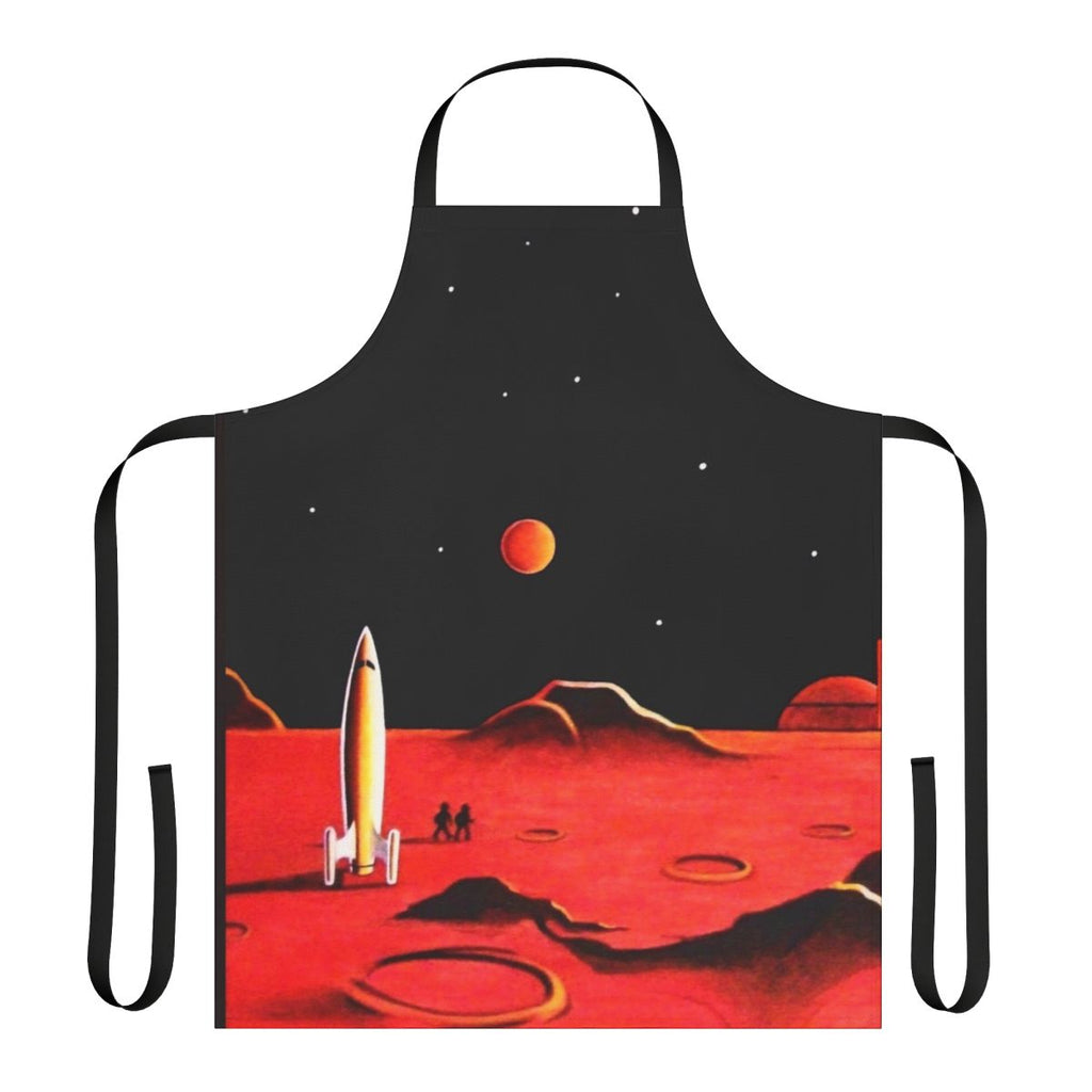 Apron featuring a retro futuristic design with a martian city, robots, and spaceships