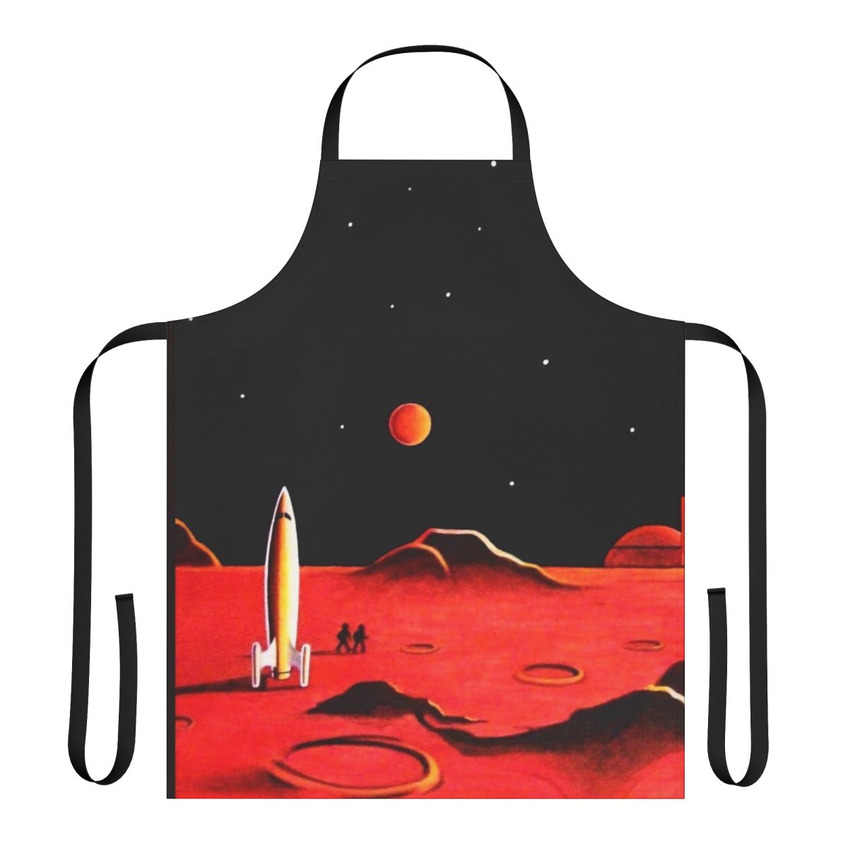 Apron featuring a retro futuristic design with a martian city, robots, and spaceships