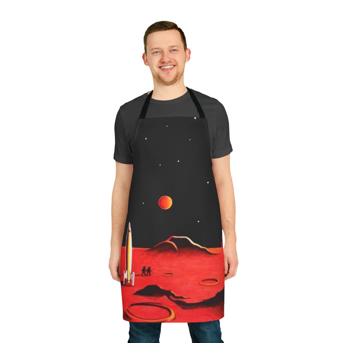 Apron featuring a retro futuristic design with a martian city, robots, and spaceships