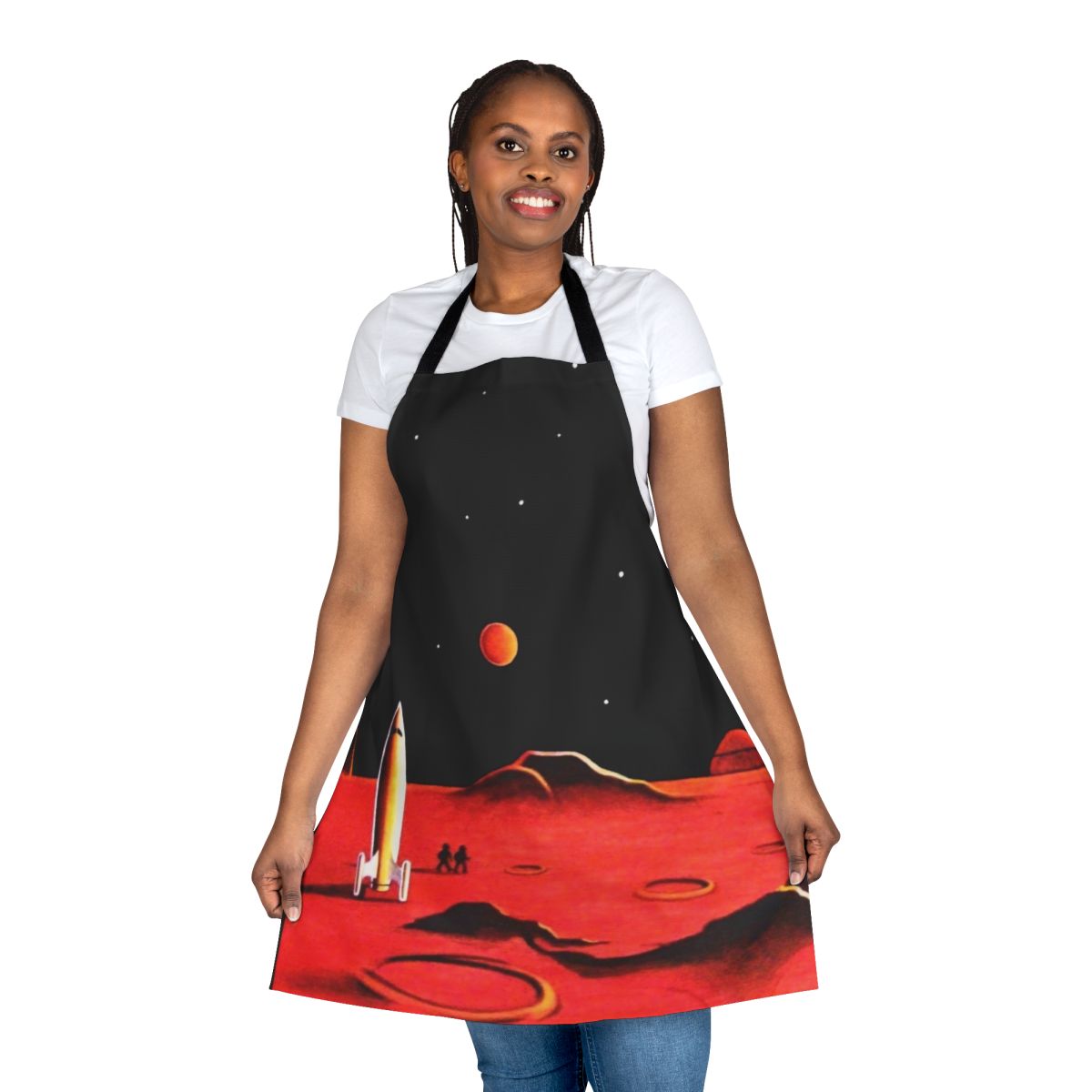 Apron featuring a retro futuristic design with a martian city, robots, and spaceships