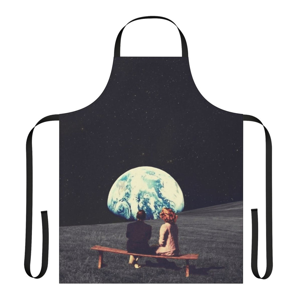 A surreal, vintage-inspired apron featuring a collage of a couple waiting against a backdrop of a space landscape with stars, planets, and satellites.