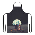 A surreal, vintage-inspired apron featuring a collage of a couple waiting against a backdrop of a space landscape with stars, planets, and satellites.