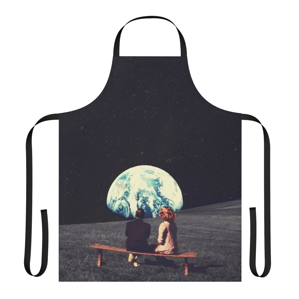A surreal, vintage-inspired apron featuring a collage of a couple waiting against a backdrop of a space landscape with stars, planets, and satellites.
