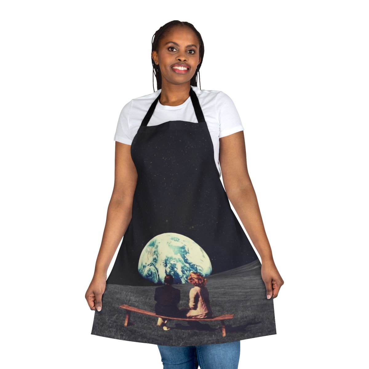 A surreal, vintage-inspired apron featuring a collage of a couple waiting against a backdrop of a space landscape with stars, planets, and satellites.