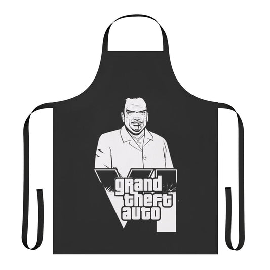 A durable, high-quality apron featuring a stylized Grand Theft Auto inspired graphic design.