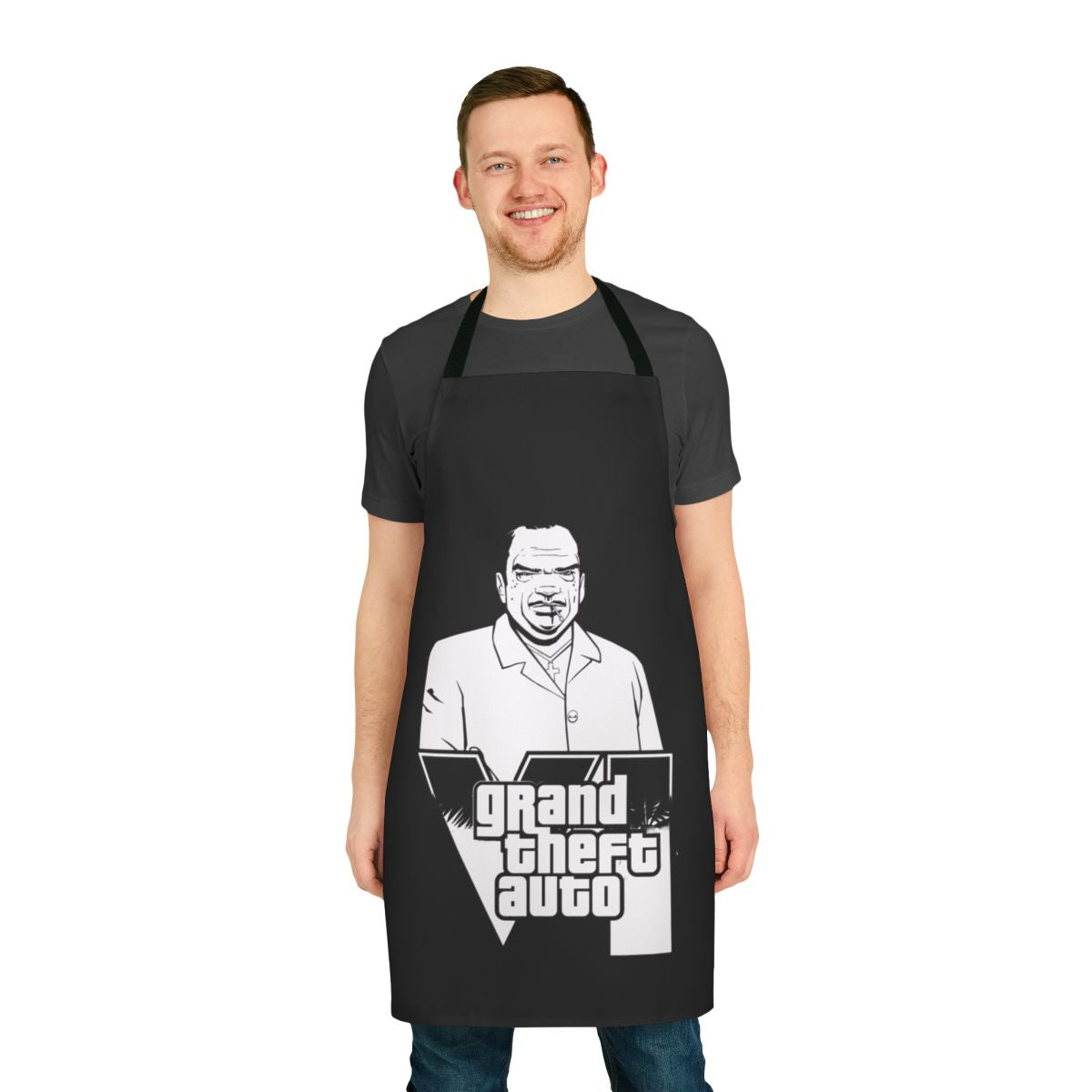 A durable, high-quality apron featuring a stylized Grand Theft Auto inspired graphic design.