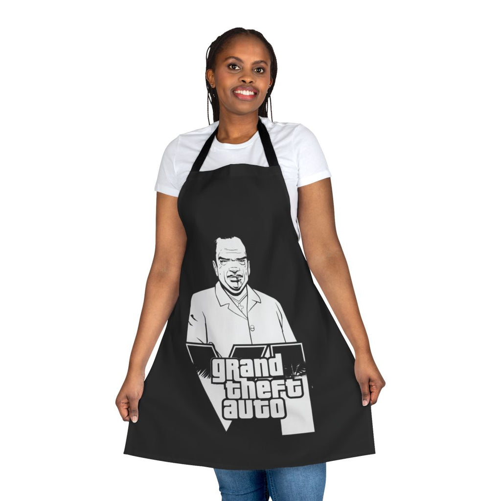 A durable, high-quality apron featuring a stylized Grand Theft Auto inspired graphic design.