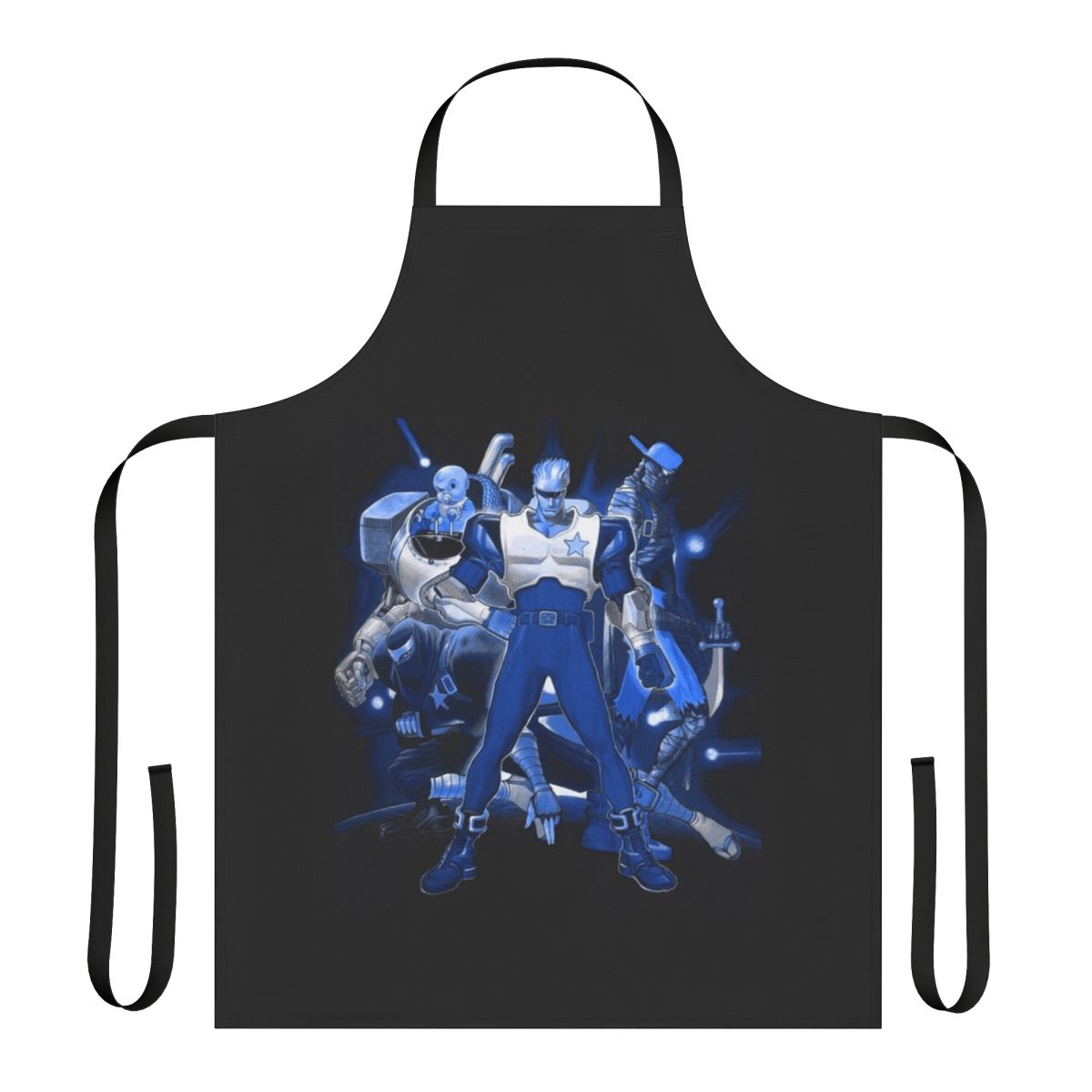 Model wearing a blue apron with a retro video game-inspired military and mecha design