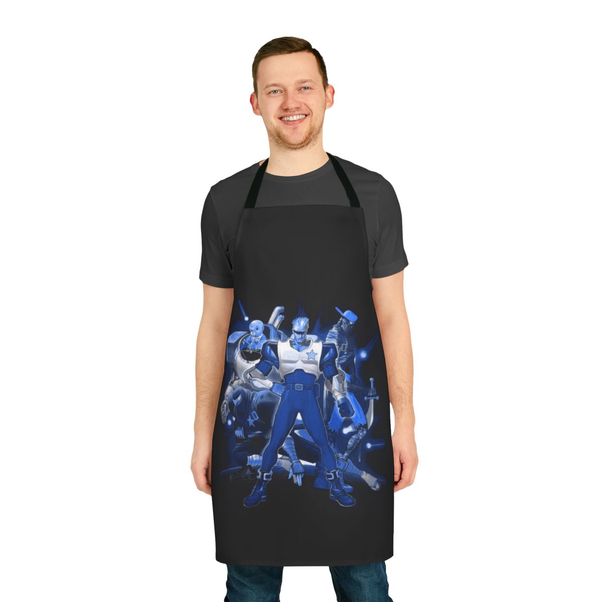 Model wearing a blue apron with a retro video game-inspired military and mecha design