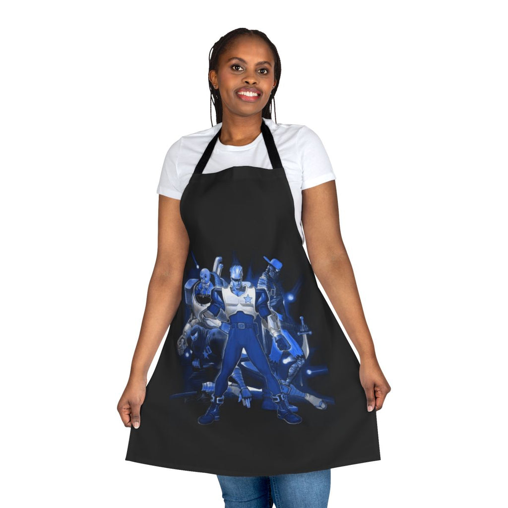 Model wearing a blue apron with a retro video game-inspired military and mecha design
