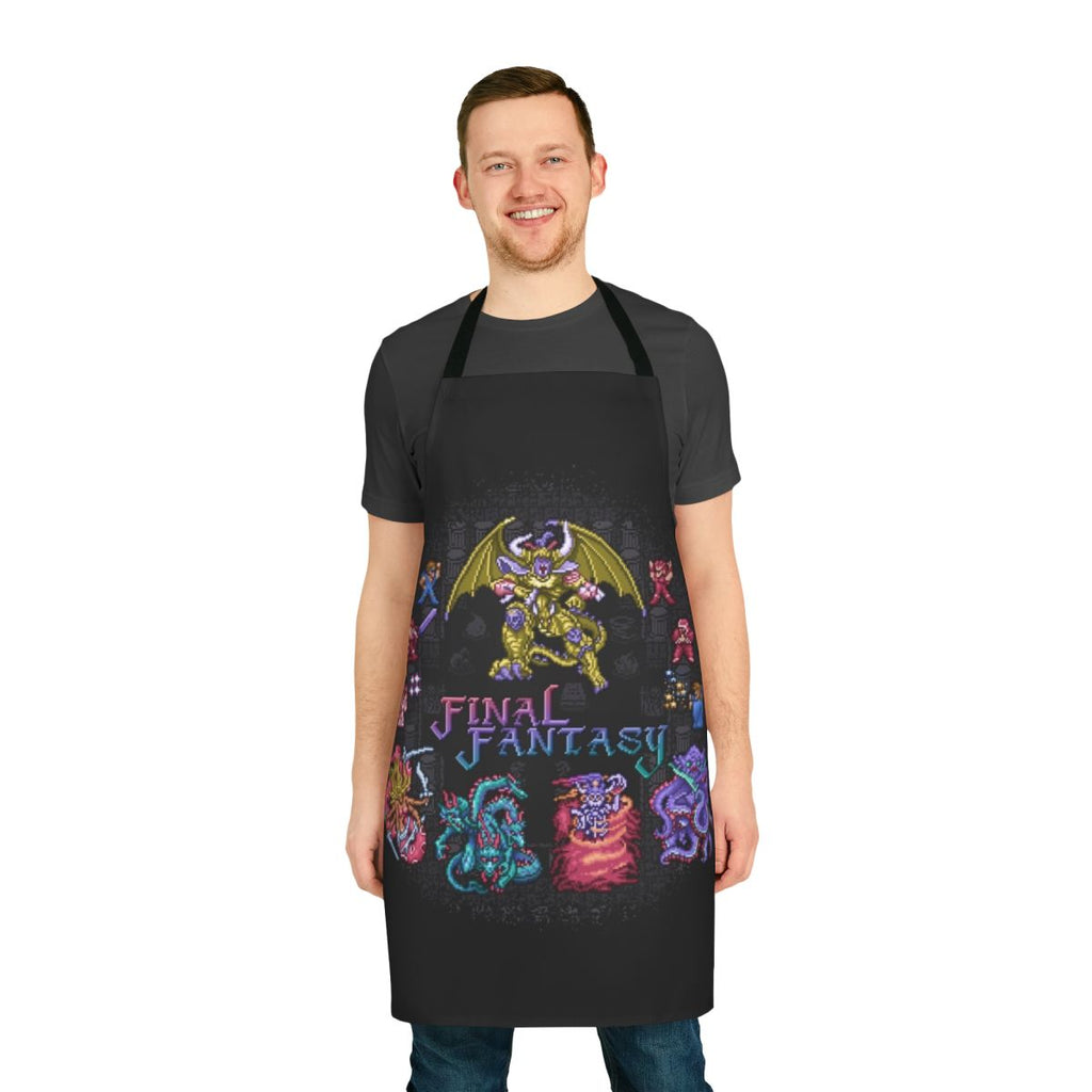 Retro-inspired pixel art apron featuring fantasy elements